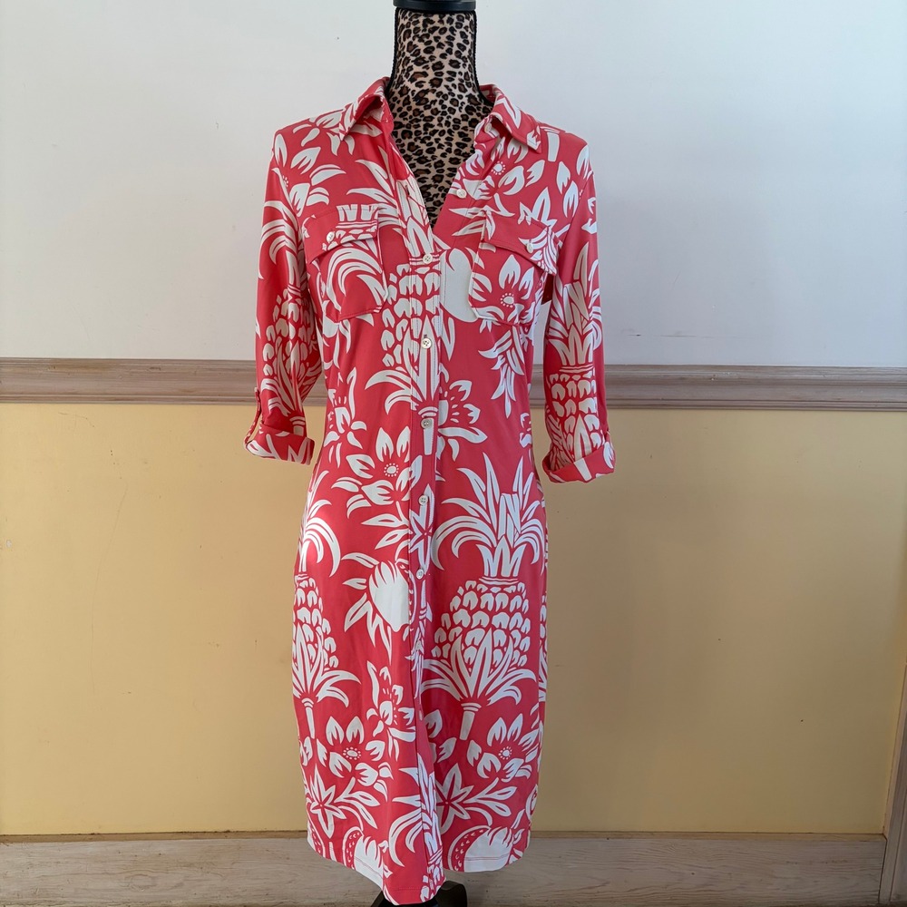 J.McLaughlin Salmon Pineapple Floral Shirt Dress Catalina‎ Cloth XS Coral White